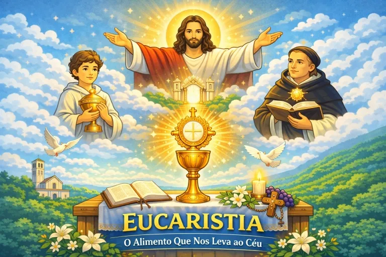 Ilustração da Eucaristia com Jesus Cristo, o Cálice e a Hóstia consagrada, representando a Eucaristia como o alimento que nos leva ao Céu.