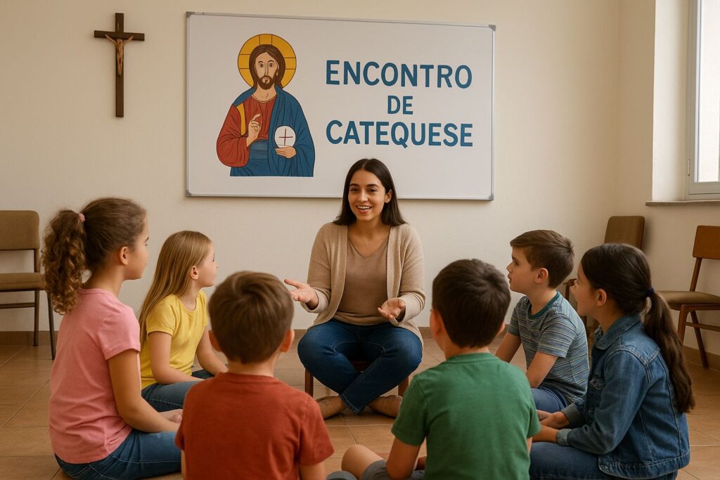 Catequista conduzindo encontro de catequese com crianças em uma sala paroquial.