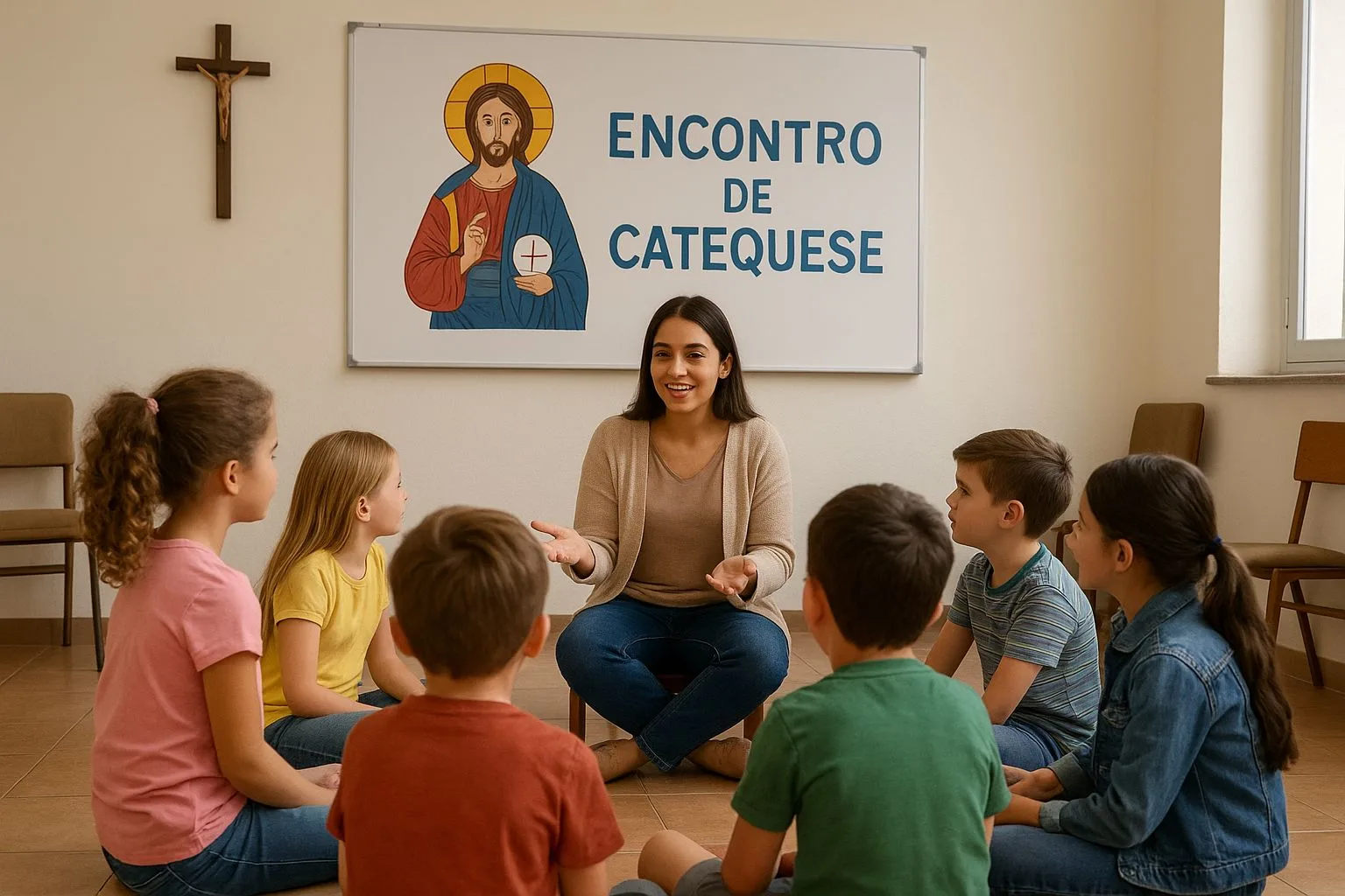 Catequista conduzindo encontro de catequese com crianças em uma sala paroquial.