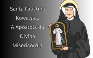 Ilustração de Santa Faustina Kowalska vestida com hábito religioso, segurando a imagem de Jesus Misericordioso, representando sua missão como Apóstola da Divina Misericórdia.