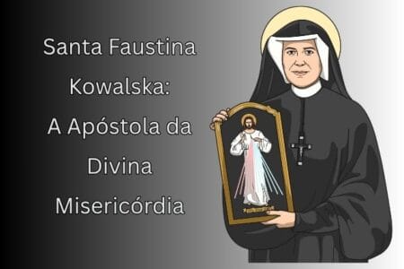 Ilustração de Santa Faustina Kowalska vestida com hábito religioso, segurando a imagem de Jesus Misericordioso, representando sua missão como Apóstola da Divina Misericórdia.