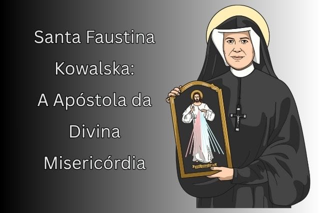 Ilustração de Santa Faustina Kowalska vestida com hábito religioso, segurando a imagem de Jesus Misericordioso, representando sua missão como Apóstola da Divina Misericórdia.