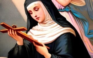 Santa Rita de Cássia rezando com rosas ao fundo.