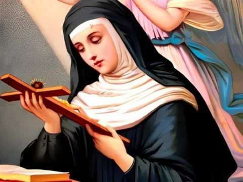 Santa Rita de Cássia rezando com rosas ao fundo.