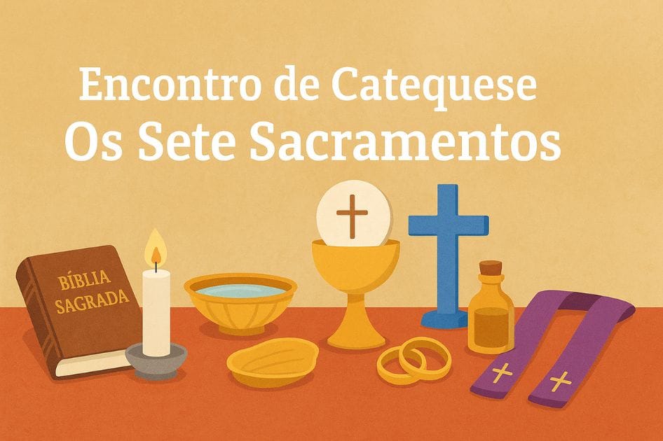 Encontro de catequese sobre os sacramentos com símbolos católicos litúrgicos.