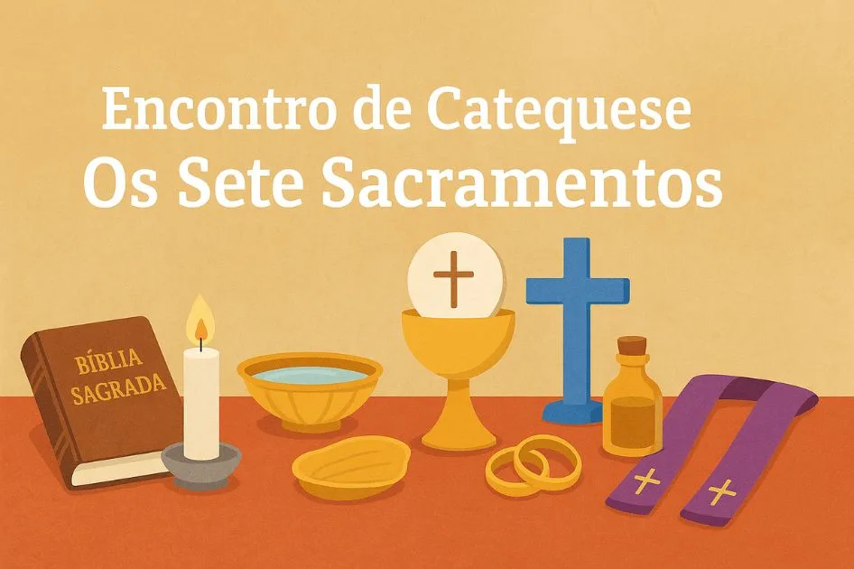 Encontro de catequese sobre os sete sacramentos com símbolos católicos litúrgicos.
