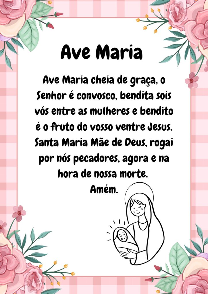Oração Ave Maria com fundo floral rosa e ilustração de Nossa Senhora com o Menino Jesus, ideal para impressão e catequese infantil.