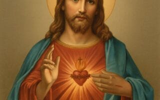 Ilustração do Sagrado Coração de Jesus com chamas, cruz e coroa de espinhos