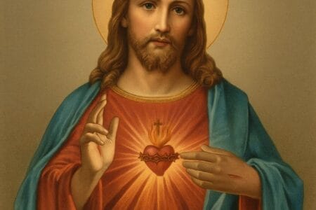 Ilustração do Sagrado Coração de Jesus com chamas, cruz e coroa de espinhos