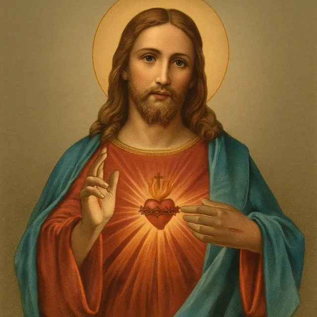  Ilustração do Sagrado Coração de Jesus com chamas, cruz e coroa de espinhos