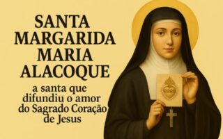 Imagem de Santa Margarida Maria Alacoque segurando o símbolo do Sagrado Coração de Jesus, com hábito religioso e auréola dourada.