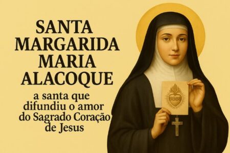 Imagem de Santa Margarida Maria Alacoque segurando o símbolo do Sagrado Coração de Jesus, com hábito religioso e auréola dourada.