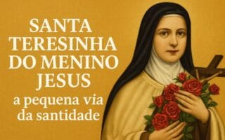 Imagem de Santa Teresinha do Menino Jesus segurando rosas, símbolo de sua promessa de intercessão, com expressão serena e fundo dourado.