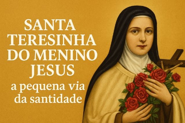 Imagem de Santa Teresinha do Menino Jesus segurando rosas, símbolo de sua promessa de intercessão, com expressão serena e fundo dourado.