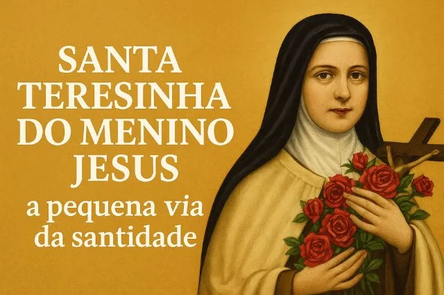 Imagem de Santa Teresinha do Menino Jesus segurando rosas, símbolo de sua promessa de intercessão, com expressão serena e fundo dourado.