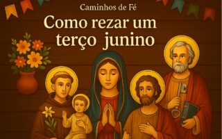 Ilustração colorida com símbolos das festas juninas e elementos religiosos para o post 'Como rezar um terço junino' do blog Caminhos de Fé