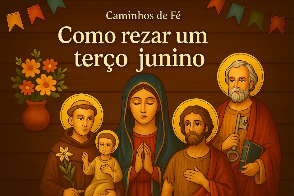 Ilustração colorida com símbolos das festas juninas e elementos religiosos para o post 'Como rezar um terço junino' do blog Caminhos de Fé