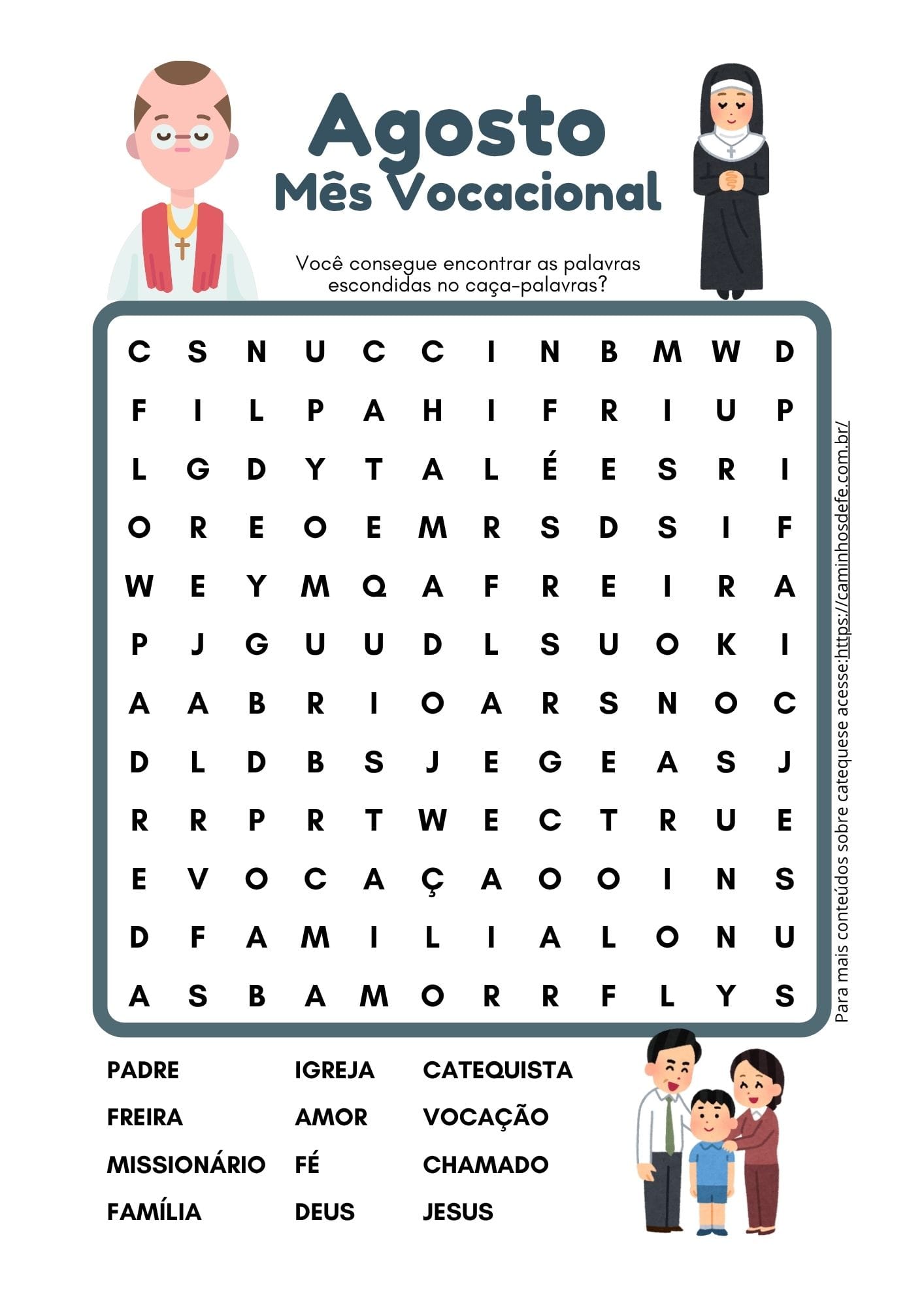Catequista apresenta um caça-palavras vocacional com crianças