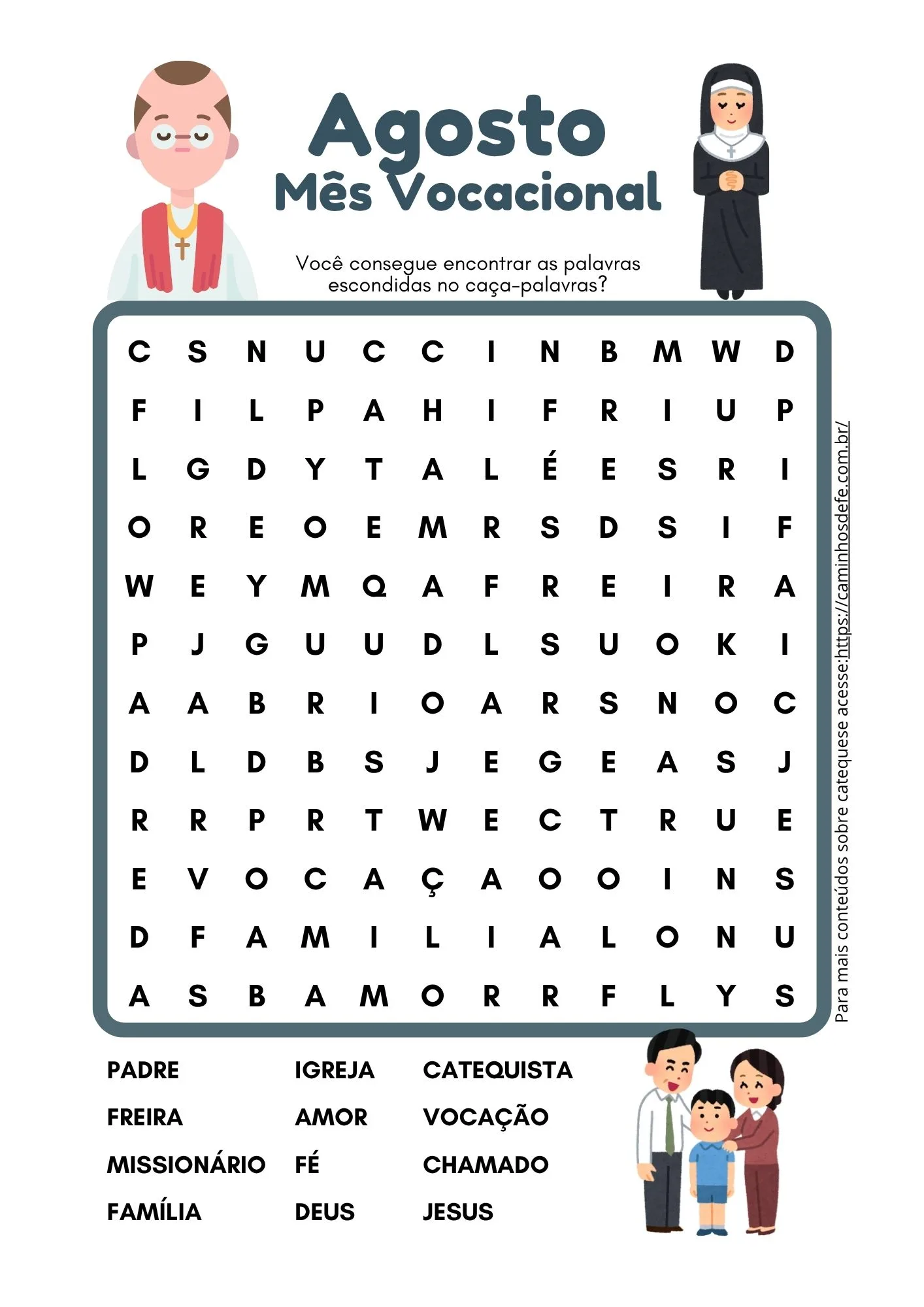 Catequista apresenta um caça-palavras vocacional com crianças