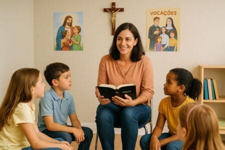 Catequista segurando a Bíblia durante um encontro de catequese com crianças, em sala decorada com cartazes vocacionais.