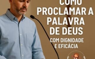 Homem lendo a Bíblia no ambão durante a missa, simbolizando a proclamação da Palavra de Deus com reverência.
