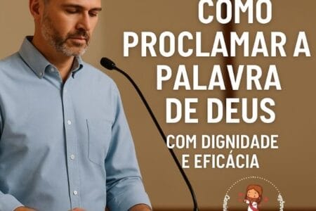 Homem lendo a Bíblia no ambão durante a missa, simbolizando a proclamação da Palavra de Deus com reverência.
