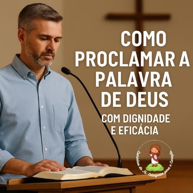 Homem lendo a Bíblia no ambão durante a missa, simbolizando a proclamação da Palavra de Deus com reverência.