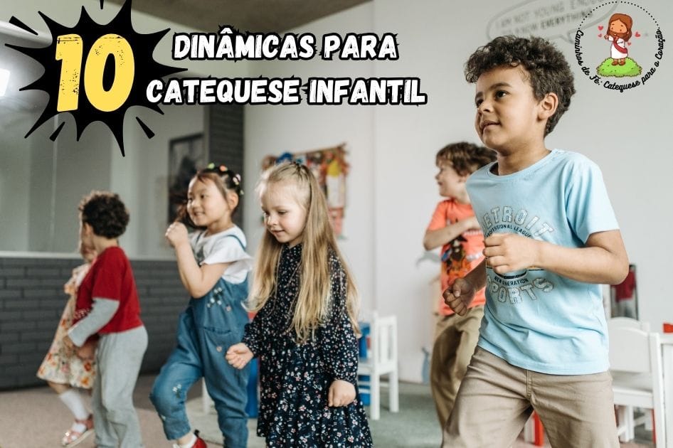 Crianças participando de dinâmica catequética com alegria