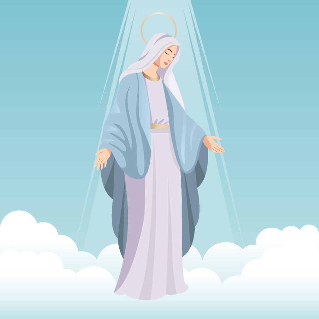 Ilustração para o encontro de catequese sobre a Assunção de Nossa Senhora, mostrando Maria sendo elevada ao céu, cercada por anjos e luz celestial.