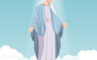 Ilustração para o encontro de catequese sobre a Assunção de Nossa Senhora, mostrando Maria sendo elevada ao céu, cercada por anjos e luz celestial.