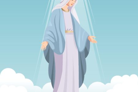 Ilustração para o encontro de catequese sobre a Assunção de Nossa Senhora, mostrando Maria sendo elevada ao céu, cercada por anjos e luz celestial.