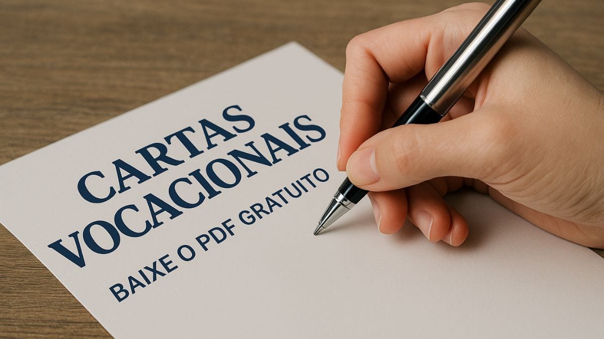 Mão escrevendo em folha com o título “Cartas Vocacionais – Baixe o PDF gratuito”, material para catequese sobre vocações.