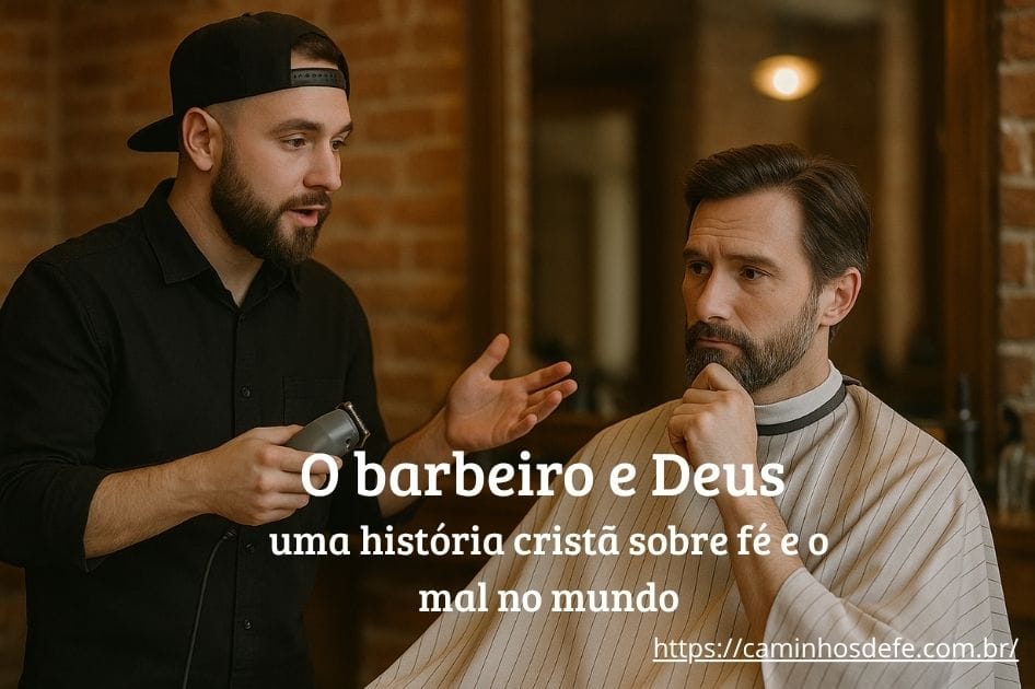 Homem pensativo sentado em uma barbearia, refletindo sobre a existência de Deus.