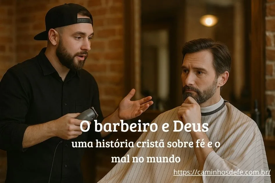 Homem pensativo sentado em uma barbearia, refletindo sobre a existência de Deus.