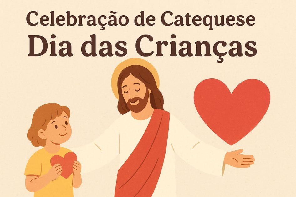 Crianças sorrindo ao redor do Coração de Jesus durante uma celebração de catequese do Dia das Crianças