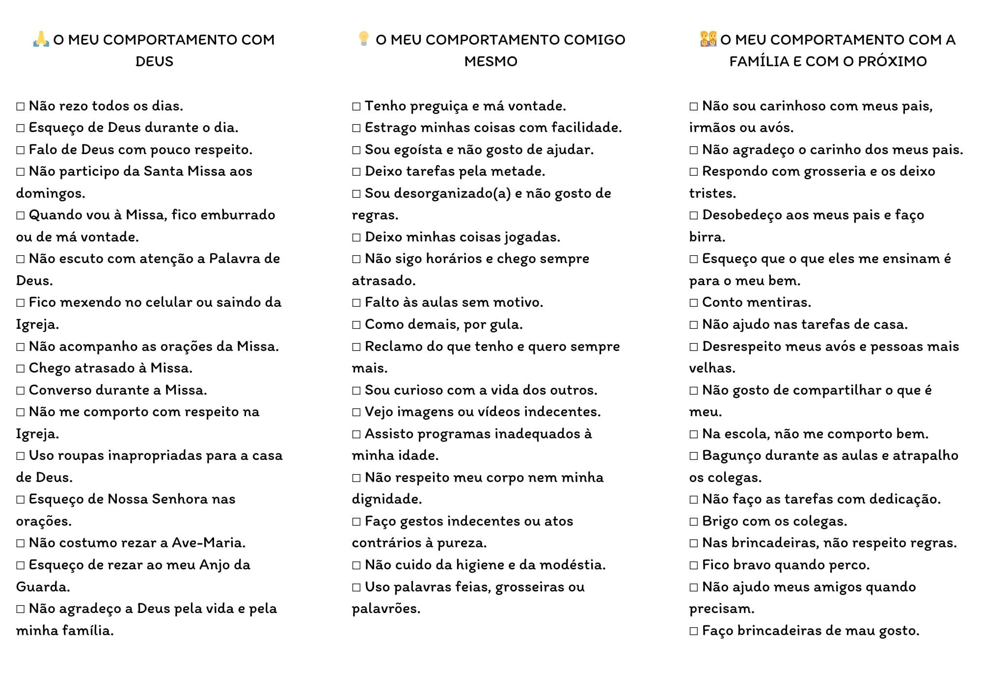 Exame de consciência para crianças com perguntas sobre Deus, família e próximo
