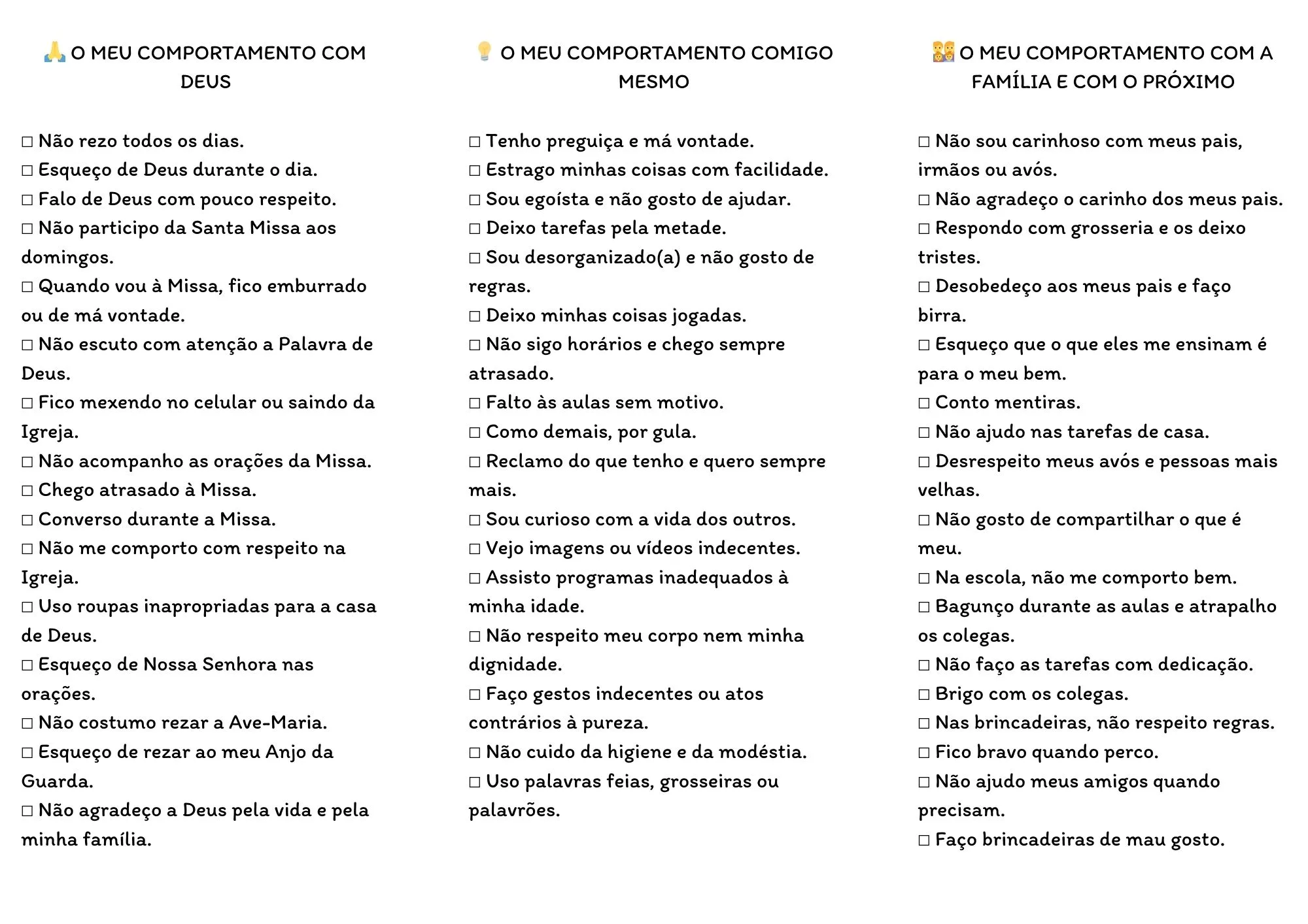 Exame de consciência para crianças com perguntas sobre Deus, família e próximo