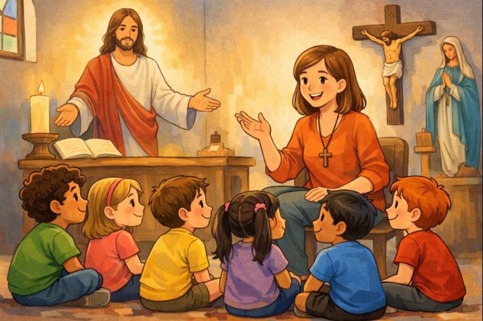 Ilustração de catequista com crianças na igreja no primeiro encontro, mostrando como preparar o primeiro encontro de catequese do ano