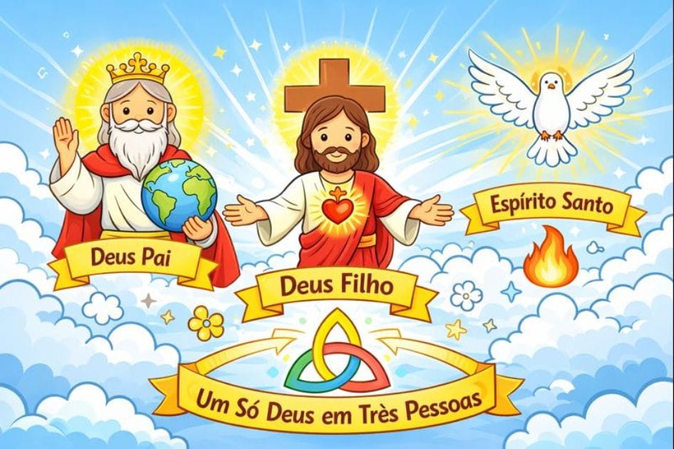 Encontro de catequese quem é Deus com imagem da Santíssima Trindade Deus Pai Filho e Espírito Santo