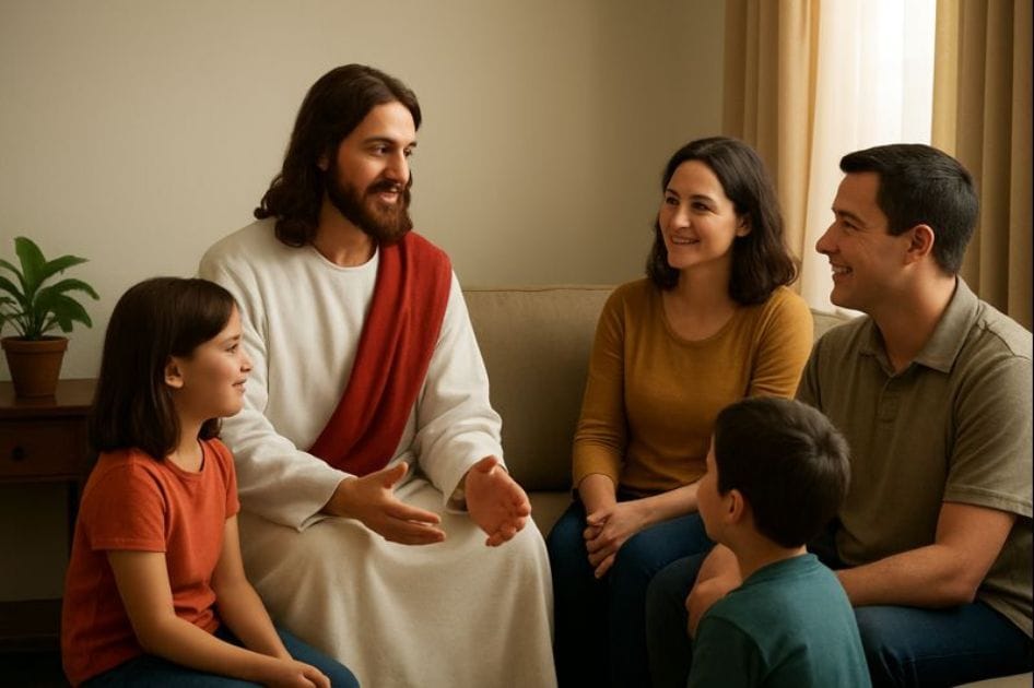 Se Jesus visitasse seu lar, Jesus conversando com uma família reunida na sala