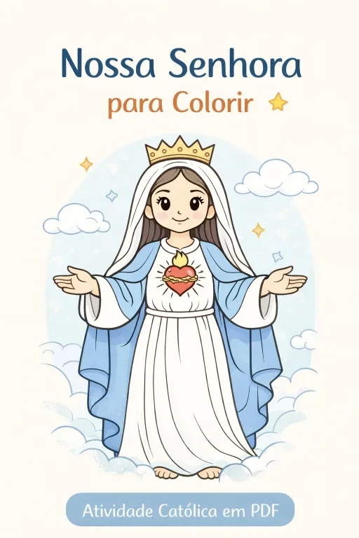 Desenho ilustrativo de Nossa Senhora para colorir, atividade católica em PDF para catequese infantil