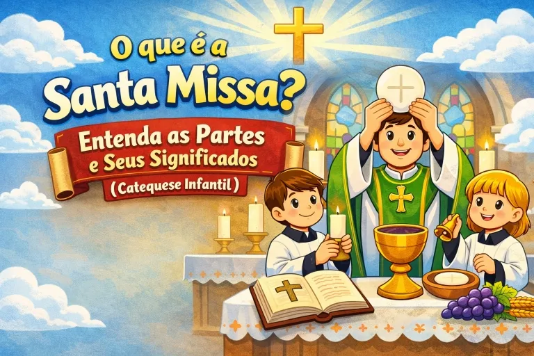Ilustração catequética infantil mostrando a Santa Missa, com sacerdote elevando a hóstia, coroinhas, altar com cálice, Bíblia e símbolos eucarísticos.