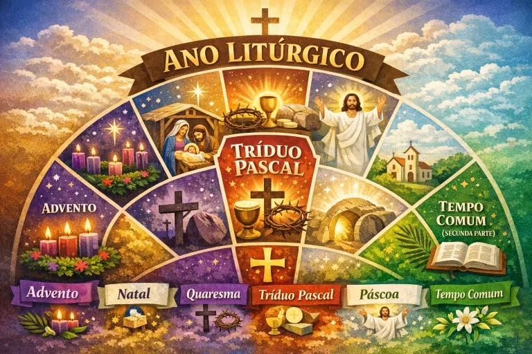 Ilustração do ano litúrgico católico mostrando Advento, Natal, Quaresma, Tríduo Pascal, Páscoa e Tempo Comum com suas cores litúrgicas.
