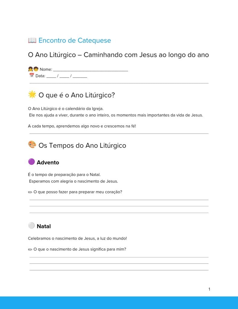 Atividade sobre o ano litúrgico para catequese infantil com explicação dos tempos litúrgicos