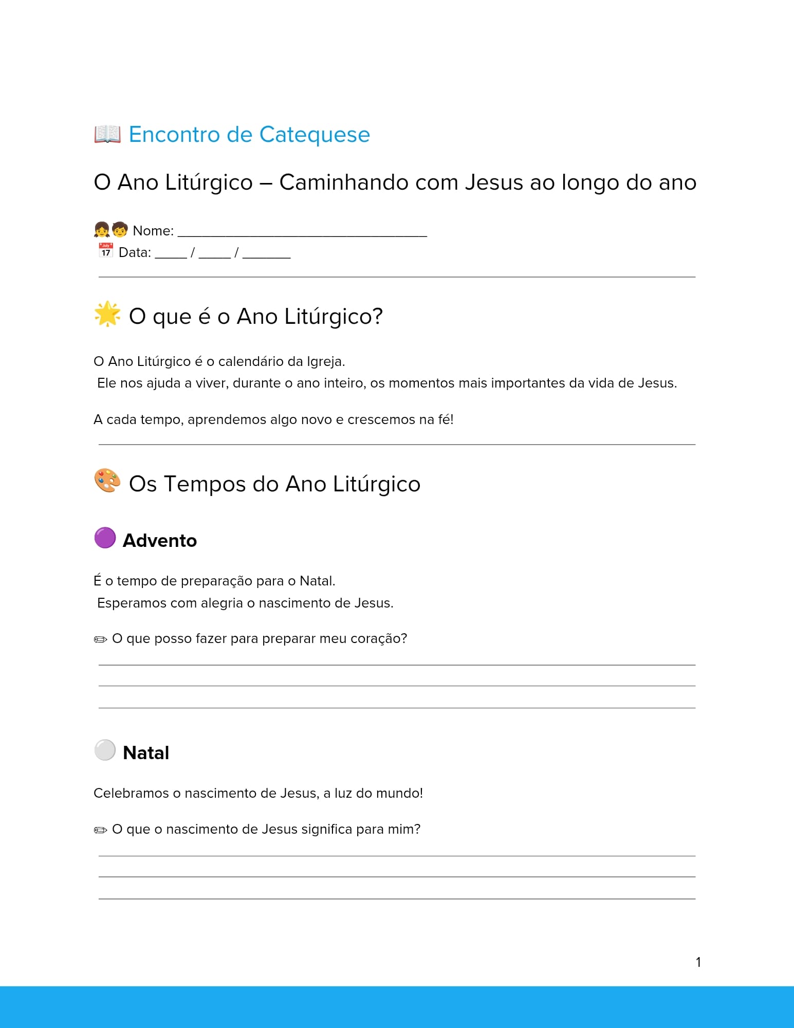 Atividade sobre o ano litúrgico para catequese infantil com explicação dos tempos litúrgicos