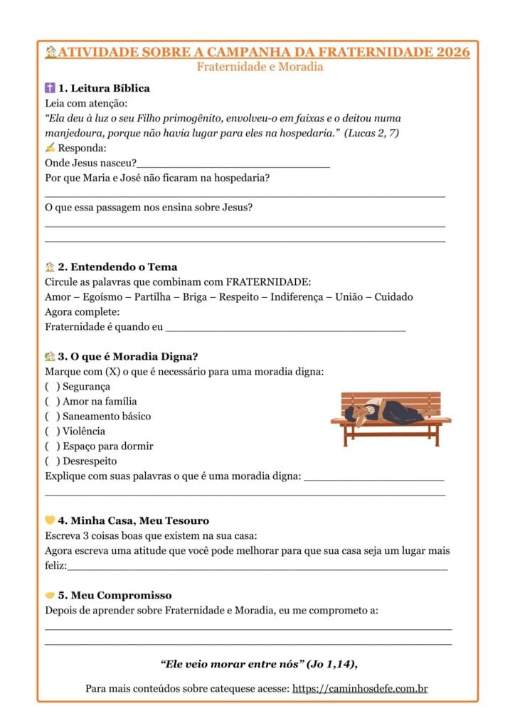 Atividade sobre a Campanha da Fraternidade 2026 para catequese com tema Fraternidade e Moradia