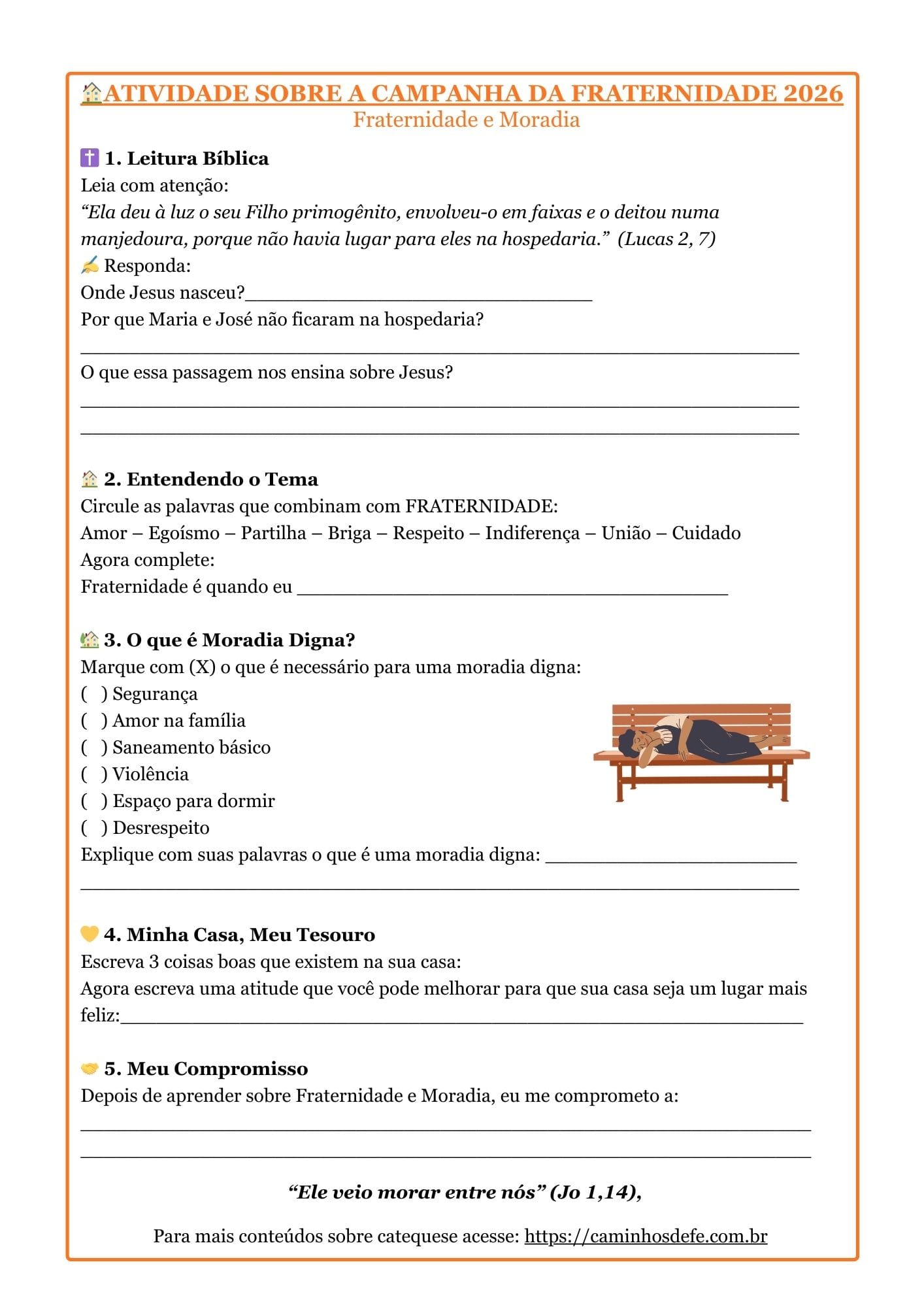 Atividade sobre a Campanha da Fraternidade 2026 para catequese com tema Fraternidade e Moradia
