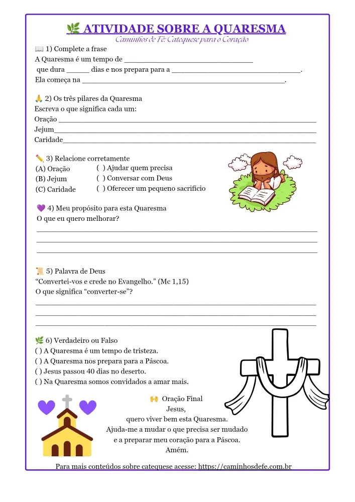Atividade sobre a Quaresma para catequese infantil em PDF