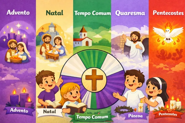 Ilustração infantil do Encontro de Catequese sobre o Ano Litúrgico mostrando Advento, Natal, Tempo Comum, Quaresma, Páscoa e Pentecostes com suas cores litúrgicas.