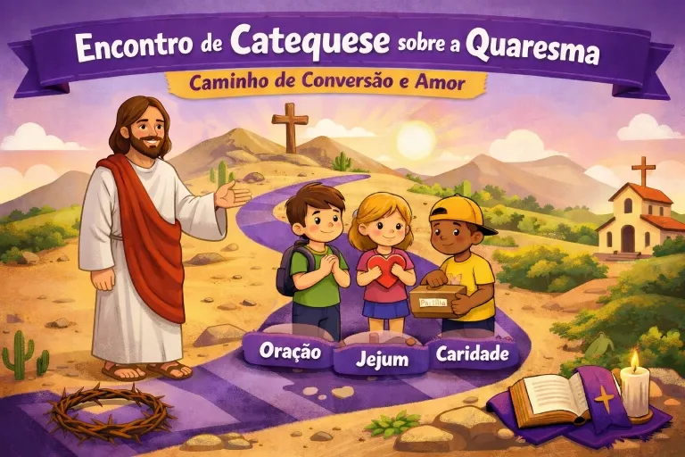 Encontro de catequese sobre a Quaresma com crianças aprendendo sobre oração, jejum e caridade